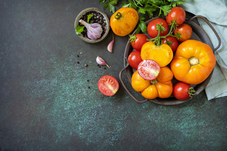 Various colorful tomatoes and parsley leaves on a dark stone background. organic food. view from above. copyspace.の写真素材