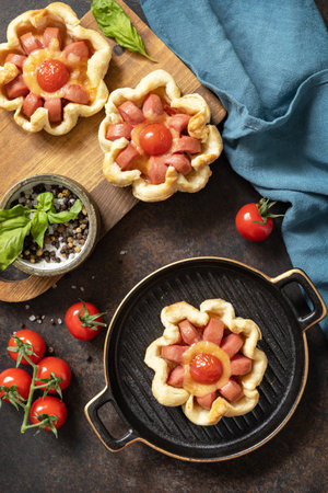 Mini pizza, breakfast. Pizza in puff pastry with cheese and tomatoes on a stone table. view from above.の写真素材