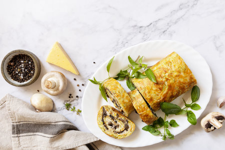 Vegetarian delicious food. Zucchini roll (roulade) with cheese and mushrooms on a marble tabletop. view from above.の写真素材