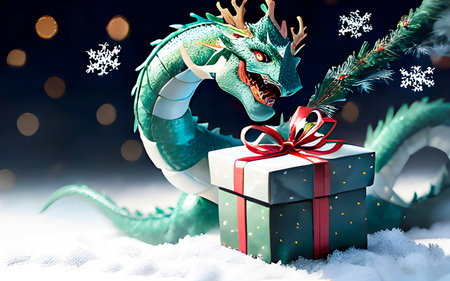 New Year or Christmas celebration concept. Green Dragon with gift green box. Copy space.の素材