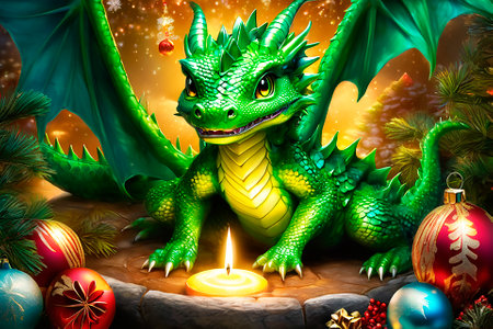 New Year or Christmas celebration concept. Green Dragon symbolizing coming NEW YEAR 2024.の素材