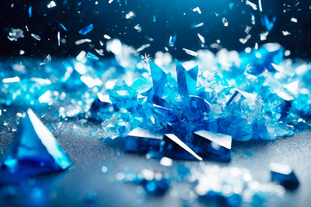 Abstract Christmas background with mosaic ice glass. Winter blurred texture with snow and bokeh lights.の素材