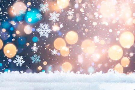 Winter blurred texture with snow and bokeh lights. Christmas background with color mixing sparkling glitter confetti.の素材
