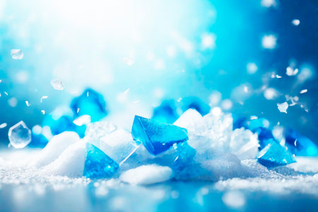 Abstract Christmas background with mosaic ice glass. Winter blurred texture with snow and bokeh lights.の素材