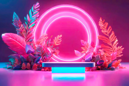 Futuristic minimal scene. Empty podium with gradient illuminated neon. Backdrop for display product on sale.の素材