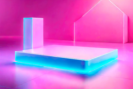 Futuristic minimal scene. Empty podium with gradient illuminated neon. Backdrop for display product on sale.の素材