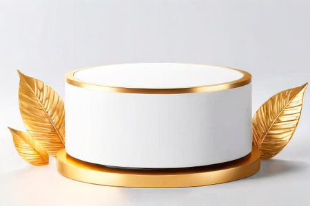 Futuristic minimal scene. Empty podium with leaves in gold and white colors. Background for demonstrating the product being sold.の素材