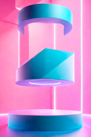 Futuristic minimal scene. Empty podium with gradient illuminated neon. Backdrop for display product on sale.の素材