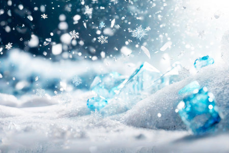 Abstract Christmas background with mosaic ice glass. Winter blurred texture with snow and bokeh lights.の素材
