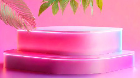 Futuristic minimal scene. Empty podium with gradient illuminated neon. Backdrop for display product on sale. Banner.の素材