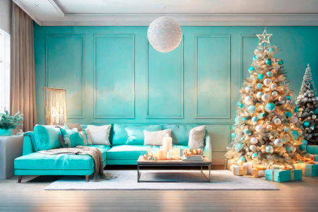 Christmas and New Year interior living room concept, home style with in light blue tones.の素材