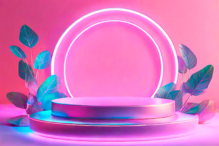 Futuristic minimal scene. Empty podium with gradient illuminated neon. Backdrop for display product on sale.の素材