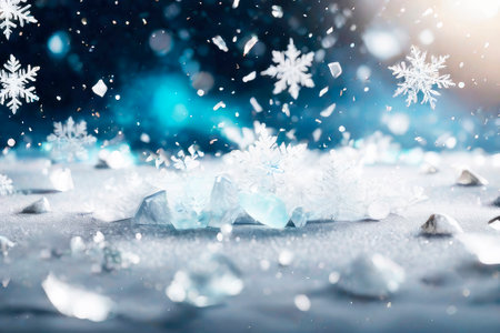 Winter blurred texture with snow and bokeh. Christmas background with color mixing sparkling gold confetti.の素材