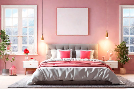 Mock up poster frame in Valentine's Day interior bedroom concept, home style with in red and pink colors, 3d illustration.の素材