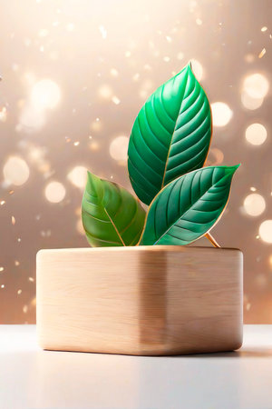 Futuristic minimal scene. 3d Empty wood pedestal podium in green colors. Background for product demonstration.の素材