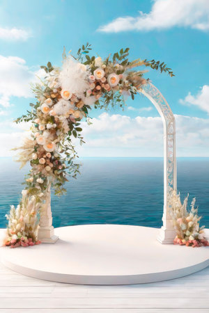 Background for wedding ceremony. Decorations and arch for wedding ceremony the backdrop of the sea, 3d illustration.の素材