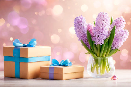 Mother's Day or Women's Day greeting card. Bouquet of Hyacinths and gifts box on wooden table.の素材