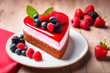 Birthday greeting card or Valentine's day. Delicious heart shaped cake with fresh berriesの素材