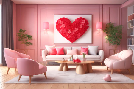 Valentine's Day interior living room concept, home style with in red and pink colors, 3d illustration.の素材