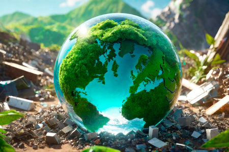Environmental conservation concept. Glass globe green planet amidst various waste.の素材