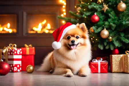 New Year's happiness pets. Corgi dog wearing a santa hat near the Christmas tree.の素材