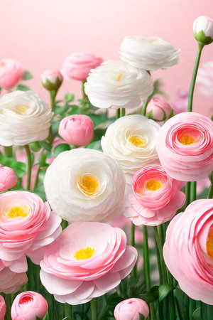 Beautiful flowers composition in pastel colors: pink and white ranunculus. Perfectly for Birthday, Women's Day, anniversary and Valentine's Day.の素材