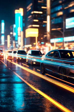 Abstract futuristic panorama night city background, neon signs.の素材