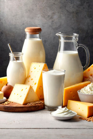 Dairy organic products. Milk, cheese, sour cream, cottage cheese, yogurt and butter on a wooden background in a rustic style. Copy space.の素材