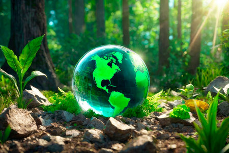 Environmental conservation concept. Glass globe green planet amidst various waste.の素材