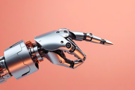 Cyborg robotic hand pointing on velvety peach color background. Trending color concept of the year 2024 Peach Fuzz.の素材