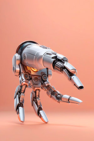 Cyborg robotic hand pointing on velvety peach color background. Trending color concept of the year 2024 Peach Fuzz.の素材