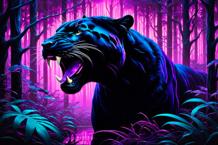 Abstract portrait of a adorable panther in glowing neon style. Animal graphic illustration.の素材