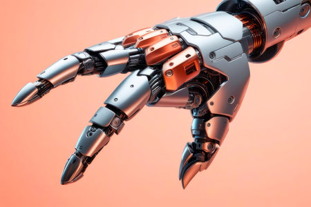 Cyborg robotic hand pointing on velvety peach color background. Trending color concept of the year 2024 Peach Fuzz.の素材