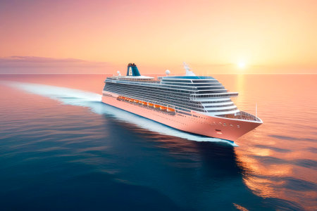 Luxury cruise ship sailing to port on sunrise. Trending color concept of the year 2024 Peach Fuzz.の素材
