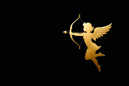 Gold cupid on a black background for Valentine's. Abstract cupid heart shape, valentine, love 2024.の素材