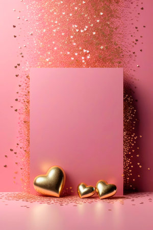 Elegant luxury minimal Valentines Day greeting card with hearts border made of gold glitter confetti drawing line on delicate pink background.の素材