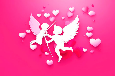 Valentines day cupid silhouettes in paper art and craft style. Cupid silhouettes, hearts on pink background. Romantic backgrounds for valentines or wedding day 2024.の素材