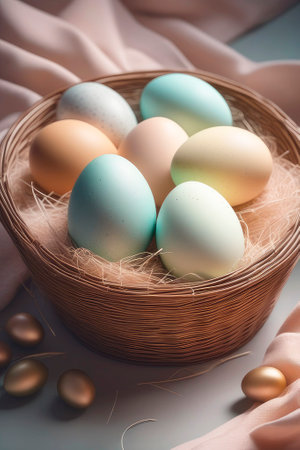 Eggs in a birch bark basket of fresh farm eggs, vintage, light pastel colors, modern color palette, conceptual art. Easter eggs in the bucket, trending color concept of the year 2024 Peach Fuzz.の素材
