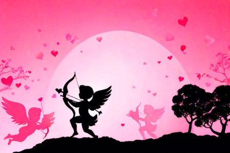 Valentines day cupid silhouettes in paper art and craft style. Cupid silhouettes, hearts on pink background. Romantic backgrounds for valentines or wedding day 2024.の素材