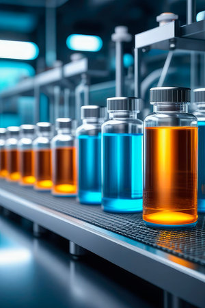 Pharmaceutical machine working pharmaceutical glass bottles production line. Pharmaceutical industry concept. Medical vials on production line at pharmaceutical factory in 2024.の素材