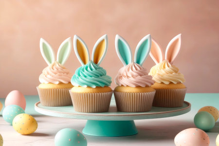 Cute Easter cupcakes with bunny ears and frosting. Funny dessert for children. Easter concept 2024, modern color palette peach fuzz.の素材