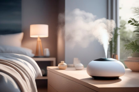 Air purifier. Fresh air. Humidifier in the room in background of modern house. Health concept of drying and moisture, human health and technology 2024.の素材