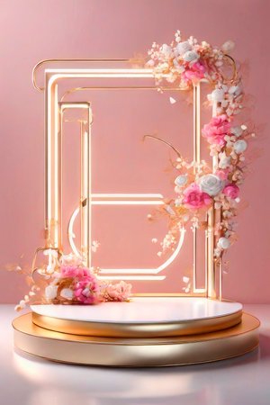 Minimal wedding or Valentine's day mockup template, pink podium display. Empty stage and circle podium on pink background and colors white and pink gold flowers and leaves.の素材
