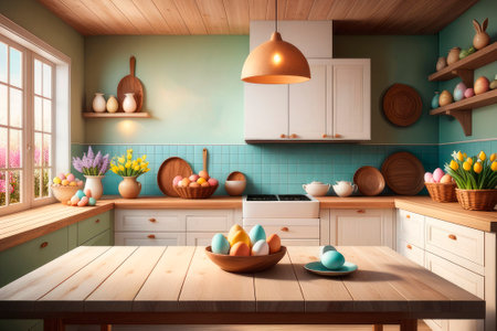 Empty wooden table against easter times background. Scandinavian style kitchen decorated for Easter celebration. Spring and Easter concept 2024, modern color palette.の素材
