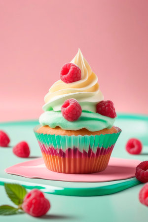 Delicious cupcake with vanilla cream and raspberry. Cute cupcake in a paper cup decorated with fresh raspberries, isolated on a color background. 2024, modern color palette.の素材