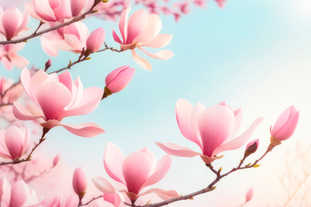 Easter, blossom spring, sunny woman day concept, pink magnolia flowers on bokeh background 2024. Closeup of blooming magnolia tree in the spring sun rays in spring.の素材