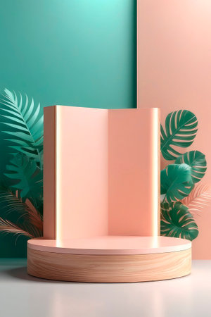 Empty wood podium for product advertisement with green and rose gold leaves. Minimalist design in peach fuzz and seafoam tones. Trending color concept of the year 2024 Peach Fuzz.の素材