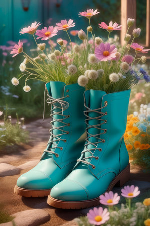 Bouquet of colorful wildflowers in boots in garden on background of green grass. Creative concept for recycling old clothes and shoes. Spring or summer time 2024, modern color palette.の素材