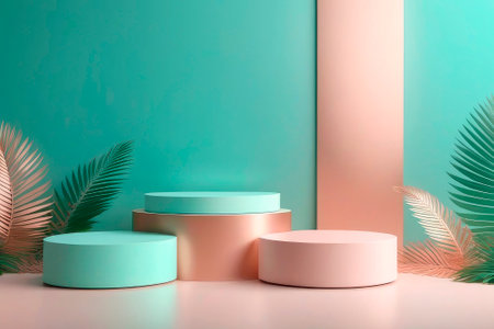 Minimalist design in peach fuzz and seafoam tones. Empty wood podium for product advertisement with green and rose gold leaves. Trending color concept of the year 2024 Peach Fuzz.の素材
