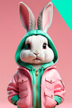 Portrait of a funny hare wearing a mint green leather jacket on a pink background. Celebrating Easter 2024, modern color palette.の素材